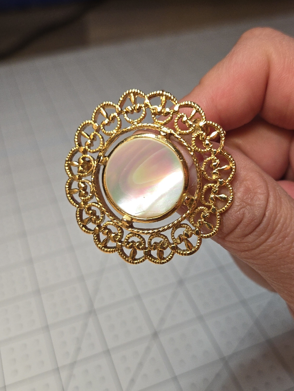 Vintage Mother of Pearl Brooch Gold Tone Filigree Round Statement Pin Lace Frame